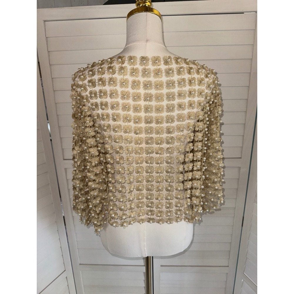 Vintage 1960's Hand-Beaded Faux Pearl and Gold Metallic Floral Top Size M/L - Picture 6 of 6